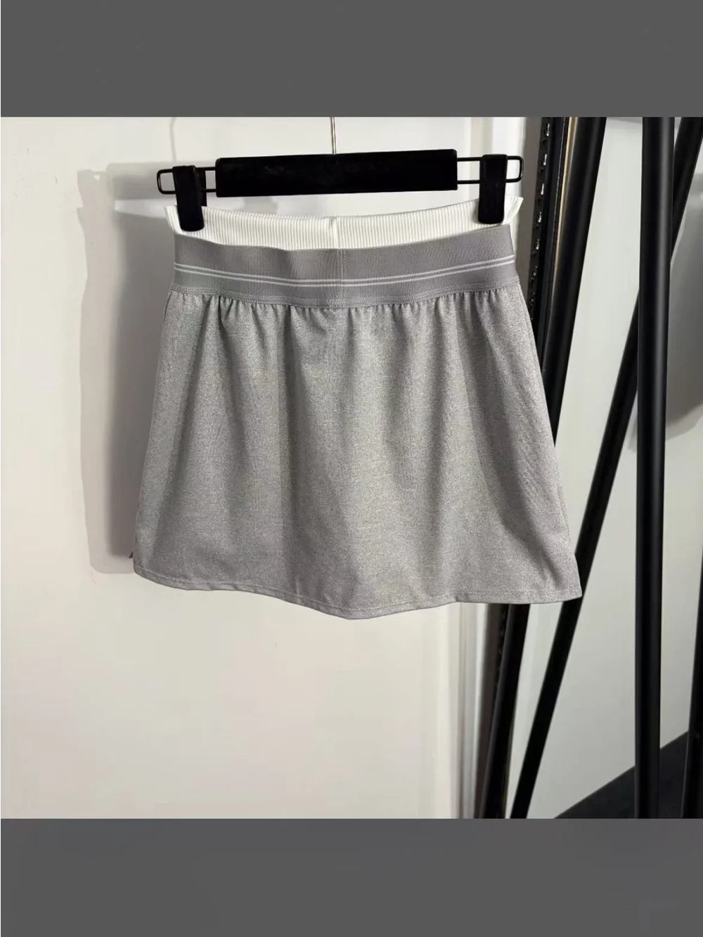 ALO Yoga Grey and White Ribbed Bralette & Mini Skirt Set
